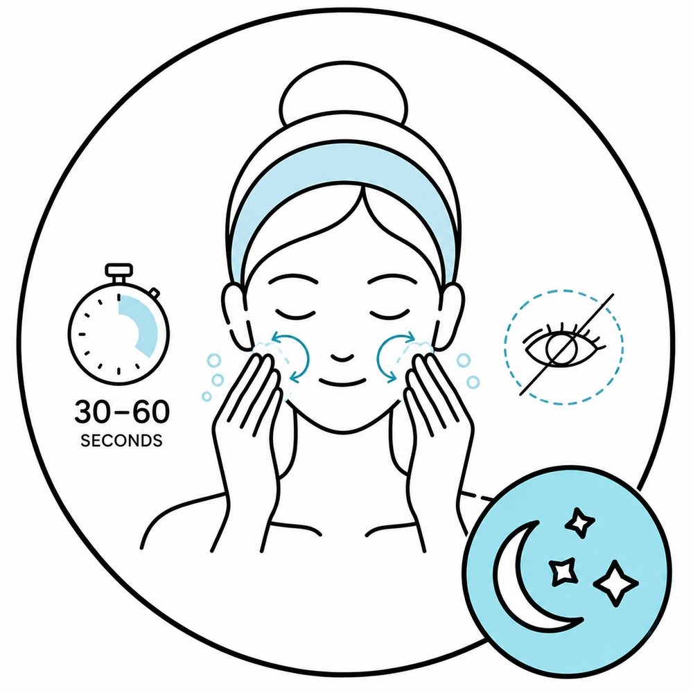Gently massage onto your face in circular motions for 30–60 seconds, avoiding the eye area.