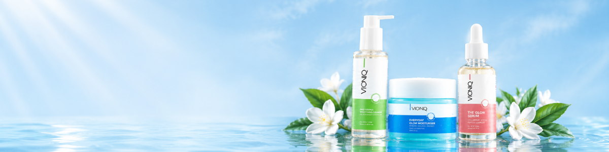 VIONIQ skincare products arranged on natural stone